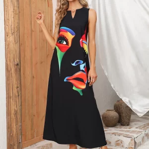 Black Sleeveless V-neck Summer Dress - Women's Casual Vintage Beach Party Wear