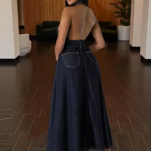 Blue Denim 2-Piece Set: Backless Halter Tank Top & Maxi Skirt