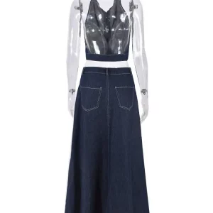 Blue Denim 2-Piece Set: Backless Halter Tank Top & Maxi Skirt