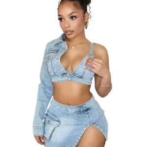 Blue Denim 2-Piece Set: V-Neck Top & Split Mini Skirt