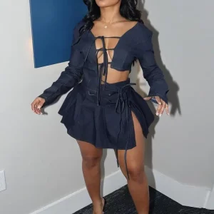 Blue Denim 2-Piece Women's Sexy Bandage Top & Pleated Skirt Set