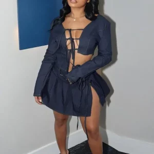 Blue Denim 2-Piece Women's Sexy Bandage Top & Pleated Skirt Set