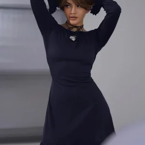 Blue Knitted Bodycon Dress 2024 Fashion O-Neck Long Sleeve Mini Elegant Ruffle Female Dress