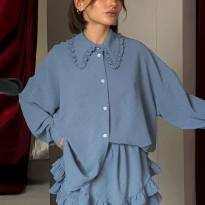 Blue Office 2-Piece Women's Outfit: Casual Loose Long Sleeve Blouse & High Waist Ruffle Skirt