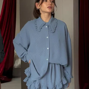 Blue Office 2-Piece Women's Outfit: Casual Loose Long Sleeve Blouse & High Waist Ruffle Skirt