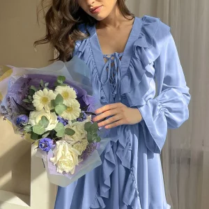 Blue V-Neck Mini Dress 2024 | Sexy Loose Fit, Elegant Lace-Up, High Waist Ruffle |