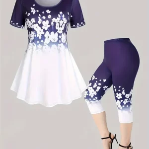 Blue & White Floral Plus Size Summer Suit with T-Shirt & Shorts