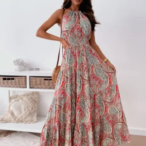 Bohemian Floral Print Backless Neck Summer Dress - Women's Fashion