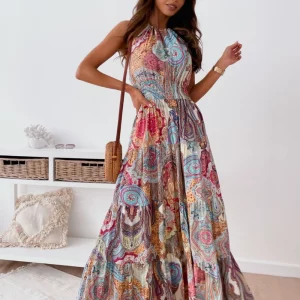 Bohemian Floral Print Backless Neck Summer Dress - Women's Fashion