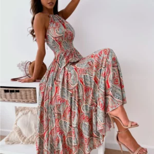 Bohemian Floral Print Backless Neck Summer Dress - Women's Fashion