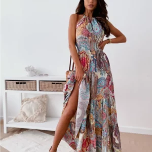 Bohemian Floral Print Backless Neck Summer Dress - Women's Fashion