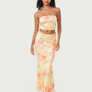 Boho Floral 2-Piece Dress Set: Strapless Crop Top & Fishtail Skirt