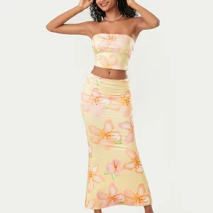 Boho Floral 2-Piece Dress Set: Strapless Crop Top & Fishtail Skirt