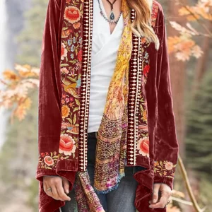 Boho Floral Pattern Women's Plus Size Cardigan - Vintage Embroidered Open Front Coat for Autumn