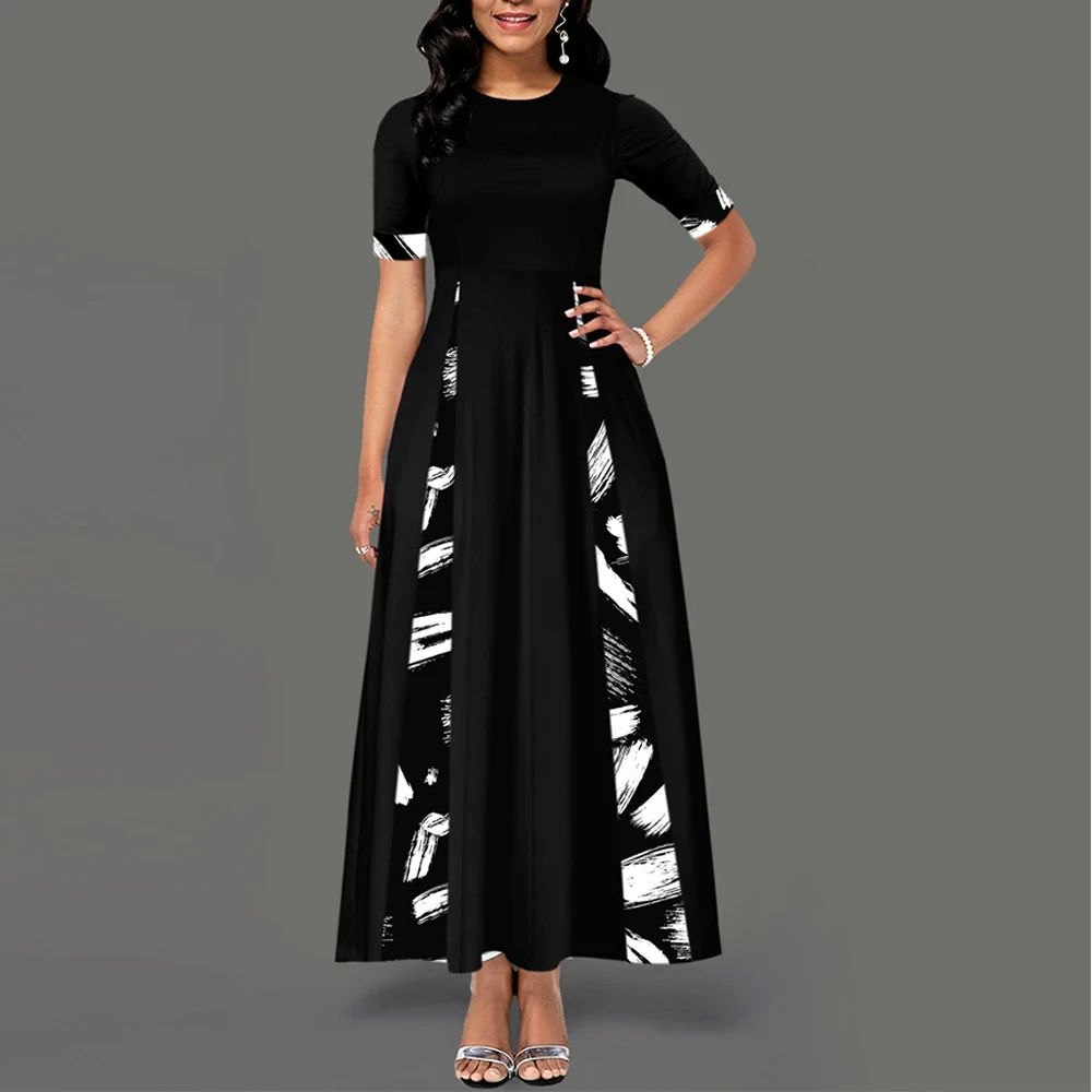 Boho Printed Plus Size Maxi Dress - Round Neck Half Sleeve