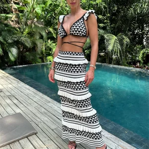 Boho Striped Knit Dress Set: Sleeveless Crop Top & Long Skirt - 2024 Summer Beach Party