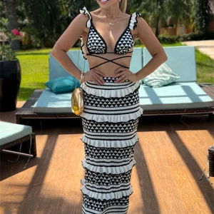 Boho Striped Knit Dress Set: Sleeveless Crop Top & Long Skirt - 2024 Summer Beach Party