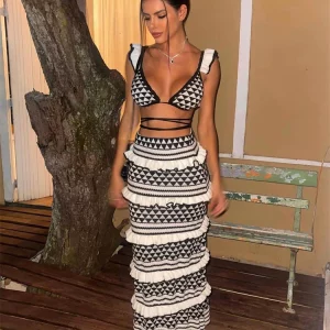 Boho Striped Knit Dress Set: Sleeveless Crop Top & Long Skirt - 2024 Summer Beach Party