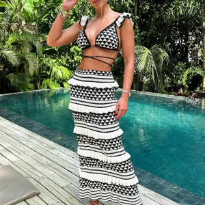 Boho Striped Knit Dress Set: Sleeveless Crop Top & Long Skirt - 2024 Summer Beach Party