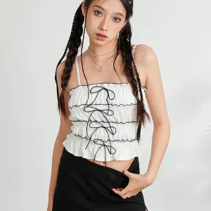 Bow Front Spaghetti Strap Camisole | Women's Backless Ruched Crop Top