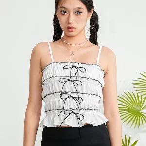 Bow Front Spaghetti Strap Camisole | Women's Backless Ruched Crop Top