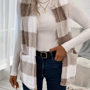 Buffalo Plaid Print Plus Size Women's Open Front Vest Coat