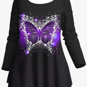 Butterfly Pattern Plus Size Two-Piece Set, Long Sleeve Crew Neck Top & Pants Outfit