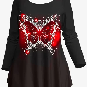 Butterfly Pattern Plus Size Two-Piece Set, Long Sleeve Crew Neck Top & Pants Outfit