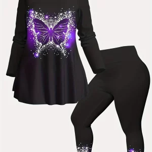 Butterfly Pattern Plus Size Two-Piece Set, Long Sleeve Crew Neck Top & Pants Outfit