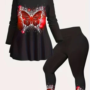 Butterfly Pattern Plus Size Two-Piece Set, Long Sleeve Crew Neck Top & Pants Outfit