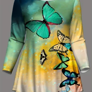 Butterfly Pattern Plus Size Two-piece Set, Long Sleeve Crew Neck Top & Pants Outfit