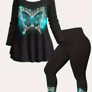 Butterfly Pattern Plus Size Two-Piece Set, Long Sleeve Crew Neck Top & Pants Outfit