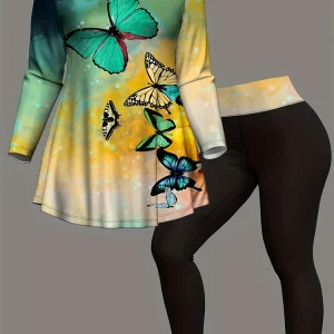 Butterfly Pattern Plus Size Two-piece Set, Long Sleeve Crew Neck Top & Pants Outfit