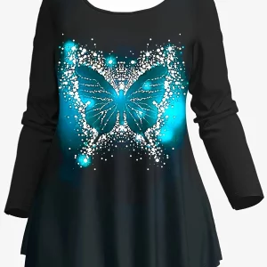 Butterfly Pattern Plus Size Two-Piece Set, Long Sleeve Crew Neck Top & Pants Outfit