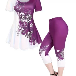 Butterfly Print Plus Size Summer Suit - Round Neck Short-Sleeve T-Shirt and Printed Pants Set