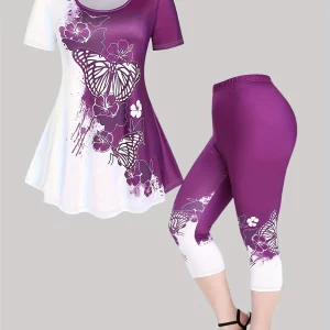 Butterfly Print Plus Size Summer Suit - Round Neck Short-Sleeve T-Shirt and Printed Pants Set