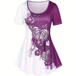 Butterfly Print Plus Size Summer Suit - Round Neck Short-Sleeve T-Shirt and Printed Pants Set