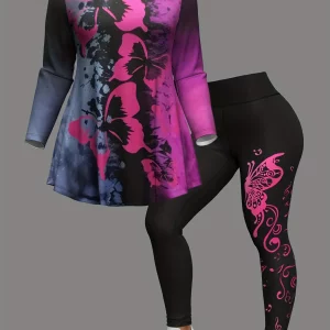 Butterfly Print Plus Size Two-piece Set, Crew Neck Top & Skinny Pants Outfits