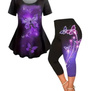 Butterfly Print Plus Size Women's Leisure Suit with Round-Neck T-Shirt and Pants