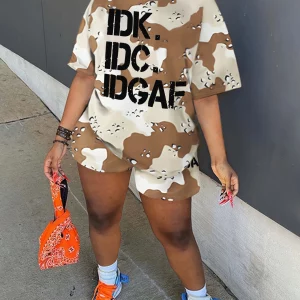 Camo Letter Print Plus Size Two-Piece Set for Women