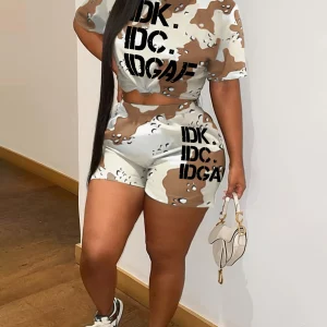 Camo Letter Print Plus Size Two-Piece Set for Women