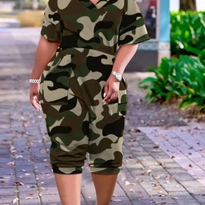 Camo Print Plus Size V-Neck Jumpsuit for Women