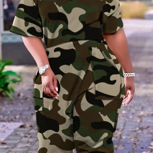 Camo Print Plus Size V-Neck Jumpsuit for Women