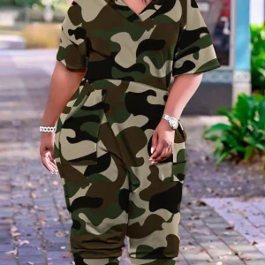 Camo Print Plus Size V-Neck Jumpsuit for Women