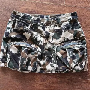 Camouflage Stretch Denim Cargo Skirt | Women's High Waist Mini Skirt | Hipster Style with Pockets |