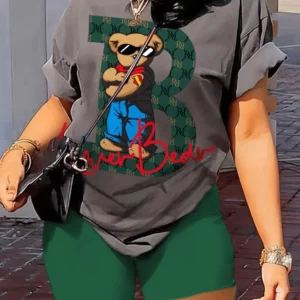 Cartoon Bear Print Two-Piece Set: T-shirt & Shorts