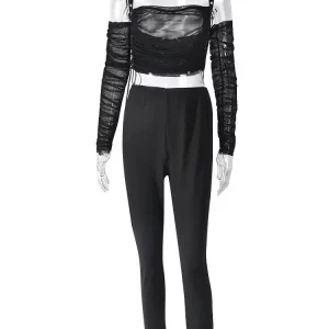 Casual Black 2-Piece Women's Mesh Crop Top & Pencil Pants Set