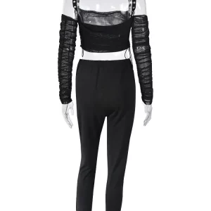 Casual Black 2-Piece Women's Mesh Crop Top & Pencil Pants Set