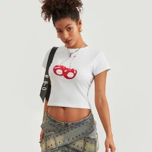 Cherry Print Short Sleeve Crop Top for Women, Girls & Babies