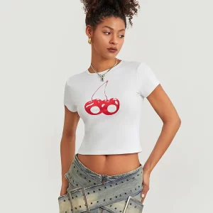 Cherry Print Short Sleeve Crop Top for Women, Girls & Babies